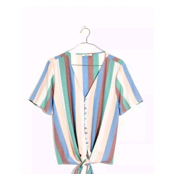 Madewell Rainbow Striped Cotton Tie Front Blouse XS - Picture 3 of 9